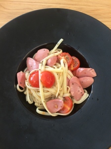 Aglio Olio with tomatoes and sausages
